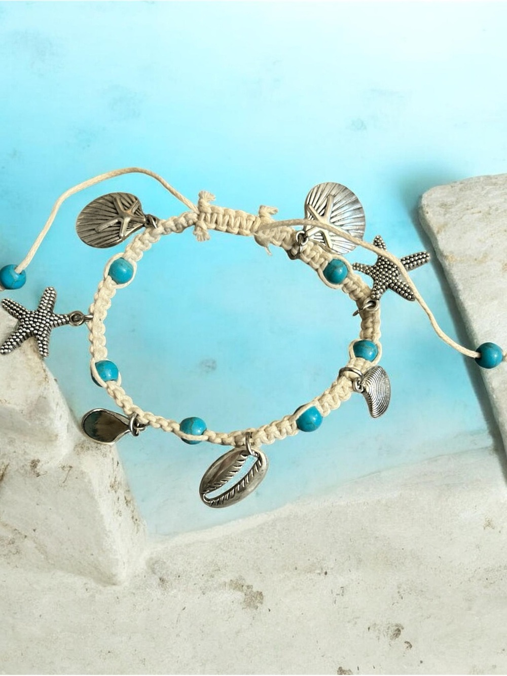 Turquoise and Cream Beach Charm Bracelet